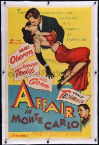4x0022 AFFAIR IN MONTE CARLO linen 1sh 1953 sexiest Merle Oberon embraced by Richard Todd!