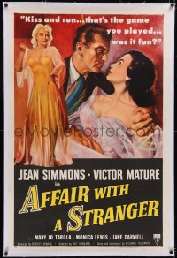 4x0023 AFFAIR WITH A STRANGER linen 1sh 1953 art of Jean Simmons, Victor Mature & sexy bad girl!