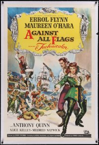 4x0027 AGAINST ALL FLAGS linen 1sh 1952 Brown art of pirate Errol Flynn & sexy swashbuckling O'Hara!