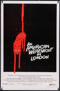 4x0036 AMERICAN WEREWOLF IN LONDON linen int'l 25x40 1sh 1981 art of red wolf over black background!