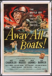4x0054 AWAY ALL BOATS linen 1sh 1956 Jeff Chandler, Reynold Brown art, battle cry of South Pacific!