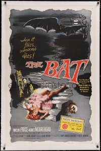 4x0064 BAT linen 1sh 1959 art of Vincent Price & sexy fallen girl, when it flies, someone dies!