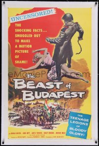 4x0069 BEAST OF BUDAPEST linen 1sh 1958 wild artwork of Russian soldier standing over sexy woman!