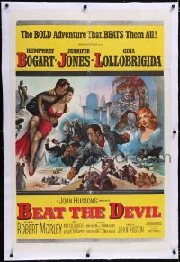 4x0073 BEAT THE DEVIL linen 1sh 1953 art of Humphrey Bogart w/sexy Gina Lollobrigida & Jennifer Jones!