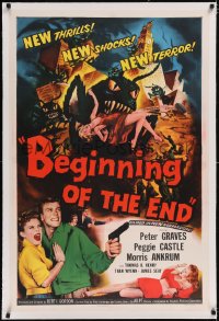 4x0077 BEGINNING OF THE END linen 1sh 1957 Peter Graves & Peggie Castle, giant killer grasshoppers!