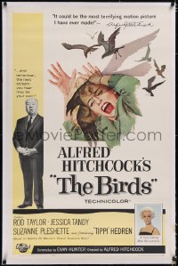 4x0097 BIRDS linen 1sh 1963 director Alfred Hitchcock shown, Tippi Hedren, classic intense attack art!