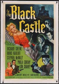 4x0098 BLACK CASTLE linen 1sh 1952 Boris Karloff, Lon Chaney Jr., horror crawls in the catacombs!
