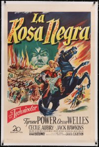 4x0100 BLACK ROSE linen Spanish/US 1sh 1950 great fiery action art of Tyrone Power & Orson Welles!
