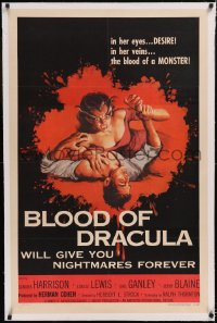 4x0110 BLOOD OF DRACULA linen 1sh 1957 cool art of female vampire monster attacking male victim!