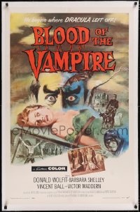 4x0111 BLOOD OF THE VAMPIRE linen 1sh 1958 he begins where Dracula left off, Joseph Smith horror art!
