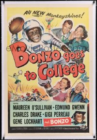 4x0116 BONZO GOES TO COLLEGE linen 1sh 1952 wacky art of chimp playing football, new monkeyshines!