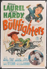 4x0130 BULLFIGHTERS linen 1sh 1945 wacky cartoon artwork of matador Stan Laurel & Oliver Hardy!