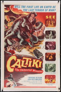 4x0137 CALTIKI THE IMMORTAL MONSTER linen 1sh 1960 the first life on Earth will be man's last terror!