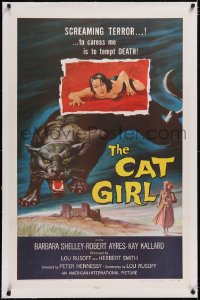 4x0142 CAT GIRL linen 1sh 1957 cool black panther & sexy girl art, to caress her is to tempt DEATH!