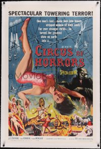4x0155 CIRCUS OF HORRORS linen 1sh 1960 wild horror art of super sexy trapeze girl hanging by neck!