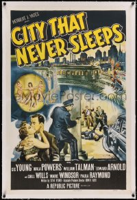 4x0156 CITY THAT NEVER SLEEPS linen 1sh 1953 great art of gunfight under elevated train in Chicago!
