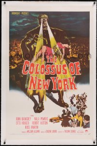 4x0159 COLOSSUS OF NEW YORK linen 1sh 1958 great art of robot monster holding sexy girl & attacking!