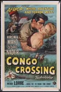 4x0163 CONGO CROSSING linen 1sh 1956 Peter Lorre pointing gun at Virginia Mayo & George Nader!