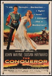 4x0164 CONQUEROR linen 1sh 1956 barbarian John Wayne grabs half-dressed sexy Susan Hayward!
