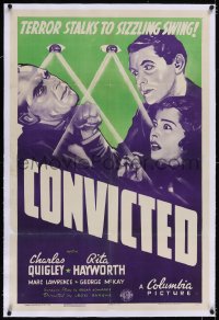4x0167 CONVICTED linen 1sh 1938 art of scared Rita Hayworth, Charles Quigley & Marc Lawrence, rare!