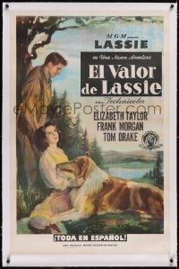 4x0173 COURAGE OF LASSIE linen Spanish/US 1sh 1946 artwork of Elizabeth Taylor with famous canine!