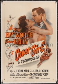 4x0174 COVER GIRL linen 1sh R1949 close up of sexiest Rita Hayworth about to kiss Gene Kelly, rare!
