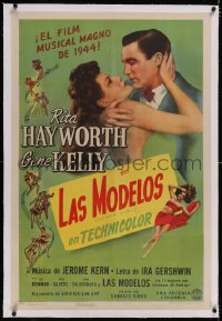 4x0175 COVER GIRL linen Spanish/US style B 1sh 1944 Rita Hayworth about to kiss Gene Kelly, rare!