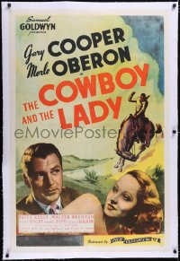 4x0176 COWBOY & THE LADY linen 1sh R1944 great romantic close up of Gary Cooper & Merle Oberon!