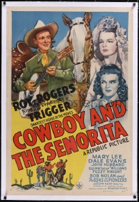 4x0177 COWBOY & THE SENORITA linen 1sh 1944 art of Roy Rogers with guitar, Dale Evans & Trigger!