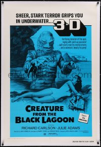 4x0179 CREATURE FROM THE BLACK LAGOON linen 1sh R1972 art of monster attacking sexy Julie Adams, 3-D!