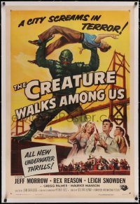 4x0181 CREATURE WALKS AMONG US linen 1sh 1956 Reynold Brown art of monster over Golden Gate Bridge!