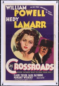 4x0183 CROSSROADS linen style C 1sh 1942 great art of William Powell & sexy Hedy Lamarr, very rare!