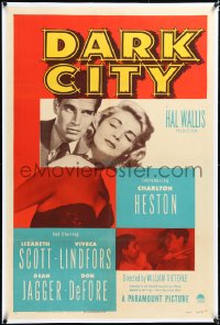 4x0199 DARK CITY linen 1sh 1950 gambler Charlton Heston's first role, sexy Lizabeth Scott