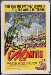 4x0206 DEADLY MANTIS linen 1sh 1957 classic art of giant insect by Washington Monument by Ken Sawyer!