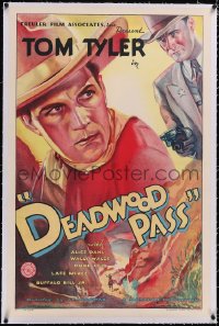 4x0207 DEADWOOD PASS linen 1sh 1933 cool montage art of cowboy hero Tom Tyler, ultra rare!