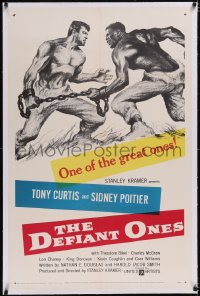 4x0212 DEFIANT ONES linen 1sh 1958 art of escaped cons Tony Curtis & Sidney Poitier chained together!