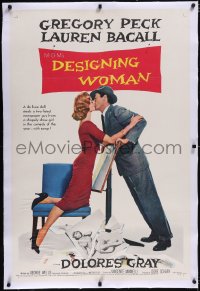 4x0215 DESIGNING WOMAN linen 1sh 1957 best romantic art of Gregory Peck & Lauren Bacall kissing!