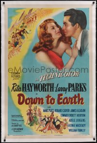 4x0228 DOWN TO EARTH linen style B 1sh 1947 c/u of sexy Rita Hayworth & Larry Parks, plus great art!