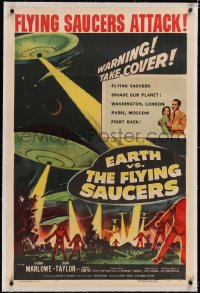 4x0237 EARTH VS. THE FLYING SAUCERS linen 1sh 1956 Ray Harryhausen classic, cool art of UFOs & aliens!