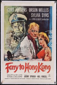 4x0256 FERRY TO HONG KONG linen 1sh 1960 art of Curt Jurgens, Syms & Orson Welles pointing gun!