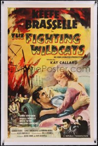 4x0258 FIGHTING WILDCATS linen 1sh 1957 art of Keefe Brasselle & Kay Callard + oil field on fire!