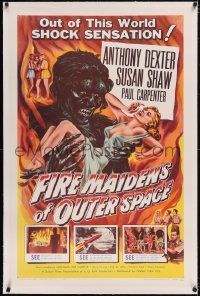 4x0259 FIRE MAIDENS OF OUTER SPACE linen 1sh 1956 great Kallis art of monster holding sexy blonde!