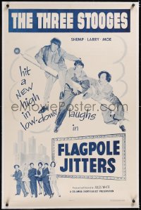 4x0264 FLAGPOLE JITTERS linen 1sh 1956 Three Stooges, Shemp, Larry & Moe hit a new laugh high, rare!