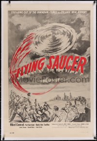 4x0270 FLYING SAUCER linen 1sh 1950 cool sci-fi artwork of UFOs from space & terrified people!