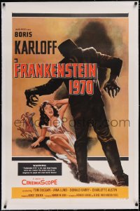 4x0278 FRANKENSTEIN 1970 linen 1sh 1958 Boris Karloff, great artwork of monster attacking sexy girl!