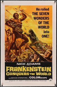 4x0279 FRANKENSTEIN CONQUERS THE WORLD linen 1sh 1966 Reynold Brown art of monsters terrorizing!