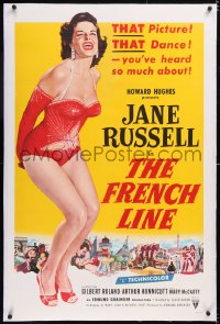 4x0280 FRENCH LINE linen 2D 1sh 1954 Howard Hughes, art of sexy Jane Russell in skimpy outfit!
