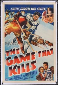 4x0286 GAME THAT KILLS linen 1sh 1937 cool art of thrilling ice hockey game + young Rita Hayworth!