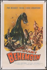 4x0301 GIANT BEHEMOTH linen 1sh 1959 cool art of massive brontosaurus dinosaur monster smashing city!