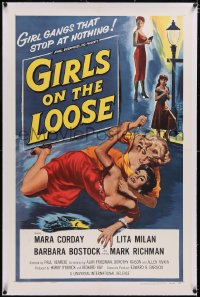 4x0305 GIRLS ON THE LOOSE linen 1sh 1958 classic catfight art of girls in gangs who stop at nothing!